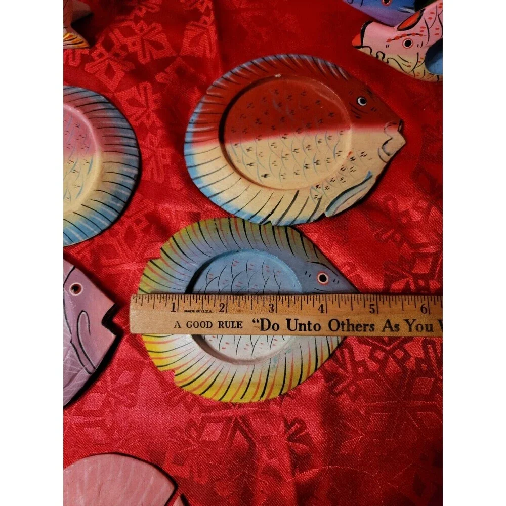 Hand Painted Wooden Fish Napkin Rings Home Decor Set of 6 with 4 Coasters